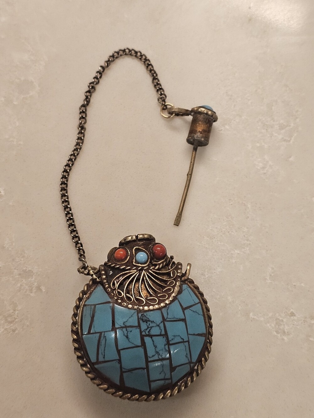 Vintage Tibetan Style Turquoise Mosaic Snuff Bottle Pendant Necklace - Picture 4 of 6